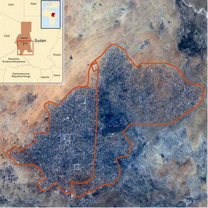 Teren obozu Uchodźców Wewnętrznych (Internally Displaced Persons - IDPs),  Darfur, Sudan (Rys. CBK PAN / Fot. DigitalGlobe, 2010).